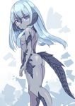  :o ass au_ra blue_eyes blue_hair blue_skin breasts dragon_girl dragon_horns dragon_tail final_fantasy final_fantasy_xiv horns kajio_(maburo) long_hair looking_back medium_breasts nude scales solo tail 