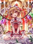  barefoot blonde_hair bow box_(hotpppink) candle candlestand daisy dress flandre_scarlet flower frilled_skirt frills hair_bow highres lily_(flower) looking_at_viewer miniskirt open_mouth red_dress red_eyes rose sitting skirt solo spread_legs touhou vase wings wrist_cuffs 