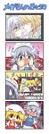  1boy 4koma 5girls anger_vein apron beamed_sixteenth_notes blonde_hair blue_eyes blush bow braid brown_hair closed_eyes colonel_aki comic commentary controller couch dress eighth_note flandre_scarlet flying_sweatdrops gradient gradient_background grey_eyes guitar hair_between_eyes hair_bow hair_over_eyes hands_on_own_cheeks hands_on_own_face hat imminent_kiss instrument izayoi_sakuya keyboard_(instrument) lunasa_prismriver lyrica_prismriver maid maid_apron maid_headdress merlin_prismriver mob_cap multiple_girls musical_note nose_blush open_mouth peeking_through_fingers puffy_short_sleeves puffy_sleeves red_dress red_eyes remote_control saxophone short_sleeves side_ponytail silver_hair smile surprised sweatdrop touhou translated trembling twin_braids waist_apron wings yellow_eyes 