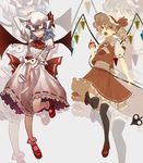  adapted_costume alternate_hairstyle asymmetrical_hair asymmetrical_wings bad_id bad_pixiv_id bat_wings black_legwear blonde_hair commentary_request cup curly_hair dress fang flandre_scarlet hair_between_eyes hat highres laevatein lavender_hair long_sleeves looking_at_viewer mary_janes mob_cap multiple_girls open_mouth pig_ggul pink_dress puffy_long_sleeves puffy_short_sleeves puffy_sleeves red_dress red_eyes remilia_scarlet shoes short_hair short_sleeves siblings side_ponytail sisters standing standing_on_one_leg teacup teapot thighhighs touhou wings zoom_layer 