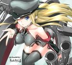  bare_shoulders bismarck_(kantai_collection) blonde_hair blue_eyes breasts commentary_request detached_sleeves hat hat_over_one_eye kantai_collection kuon_(break_through) large_breasts leaning_forward long_hair looking_at_viewer machinery mecha_musume military military_uniform peaked_cap pouty_lips silver_legwear skindentation solo thighhighs uniform zettai_ryouiki 