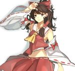  armpits ascot bad_id bad_pixiv_id bare_shoulders bow brown_eyes brown_hair collarbone detached_sleeves hair_bow hair_ribbon hair_tubes hakurei_reimu hand_in_hair hand_on_forehead highres japanese_clothes long_hair looking_at_viewer midriff miko ponytail red_eyes red_skirt ribbon sarashi scroll_lock_(scrool5) skirt skirt_set smile solo touhou vest wavy_hair white_background wide_sleeves 