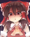  :o ascot blush bow brown_hair commentary detached_sleeves disdain empty_eyes hair_bow hair_ribbon hair_tubes hakurei_reimu haruki_(colorful_macaron) large_bow looking_at_viewer looking_down red_eyes ribbon shaded_face solo touhou upper_body 