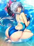  alternate_breast_size alternate_hairstyle ass bangs beach between_breasts between_legs blunt_bangs blush breasts commentary_request competition_swimsuit covered_nipples eyebrows eyebrows_visible_through_hair fang full-face_blush grey_hair hair_ornament hair_ribbon hand_between_breasts hand_between_legs headgear highres kantai_collection kneeling large_breasts long_hair looking_at_viewer murakumo_(kantai_collection) one-piece_swimsuit open_mouth outdoors partially_submerged ribbon shore solo swimsuit torisan water wet 