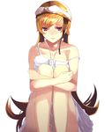  bad_id bad_pixiv_id bakemonogatari bare_arms bare_legs bare_shoulders blonde_hair breasts dress fang_out goggles helmet leg_hug long_hair medium_breasts monogatari_(series) oshino_shinobu red_eyes scroll_lock_(scrool5) sitting solo strap_slip thighs white_dress 