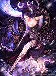  artist_name bare_shoulders beads braid breasts cape cleavage copyright_name crescent crescent_moon elk hair_ornament heyjin hoof_shoes large_breasts lipstick long_hair makeup moon pale_skin purple_hair scarf silk solo tattoo thighhighs trinity_souls very_long_hair watermark white_legwear 