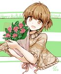  :d bad_id bad_pixiv_id blush bouquet braid brown_eyes brown_hair character_name flower happy_birthday nomaru open_mouth ponytail smile solo tears tokyo_7th_sisters tsunomori_rona upper_body 