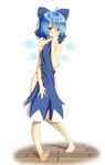  &gt;:( artist_apprentice barefoot blue_eyes blue_hair blush bow cirno covering covering_breasts covering_chest covering_crotch dress dress_removed frown full_body hair_bow highres looking_at_viewer nude nude_cover short_hair simple_background solo tareme touhou v-shaped_eyebrows white_background wings 