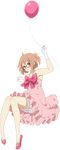  ballet_slippers balloon bow brown_hair dress full_body glasses gloves kuriyama_mirai kyoukai_no_kanata official_art pink_dress plantar_flexion pumpkin_pants red-framed_eyewear ribbon short_hair solo transparent_background 