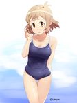 breasts brown_eyes brown_hair cleavage competition_school_swimsuit highres large_breasts one-piece_swimsuit scar school_swimsuit senki_zesshou_symphogear short_hair solo swimsuit tachibana_hibiki_(symphogear) unyon yellow_eyes 