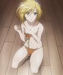  1girl asu_no_yoichi barefoot bikini blonde_hair blue_eyes feet ikaruga_ayame screencap short_hair solo stitched surprised swimsuit 