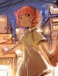  1girl brown_eyes city_lights cityscape commentary_request dress_shirt holding_hand holding_hands night original out_of_frame pink_hair sakata_kaname shirt short_hair walking 