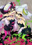  ;d aori_(splatoon) black_hair cousins detached_collar domino_mask dress earrings fangs food food_on_head gloves green_legwear hotaru_(splatoon) jewelry long_hair mask mole mole_under_eye multiple_girls object_on_head one_eye_closed open_mouth orange_eyes paint paint_splatter pantyhose pointy_ears purple_legwear short_hair short_jumpsuit simple_background smile splatoon_(series) splatoon_1 strapless strapless_dress unitard utsugi_(skydream) white_gloves 