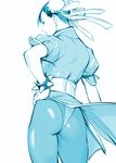  ass blue bracelet bun_cover china_dress chinese_clothes chun-li commentary_request double_bun dress flat_ass hand_on_hip highleg highleg_panties jewelry monochrome panties pantyhose pelvic_curtain puffy_short_sleeves puffy_sleeves sash short_sleeves solo spiked_bracelet spikes street_fighter ueyama_michirou underwear 