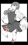  abstract bad_id bad_pixiv_id bangs blood blunt_bangs commentary_request cuts cutting dithering greyscale highres injury knife letter_opener long_hair looking_at_viewer monochrome open_mouth original red_eyes self-mutilation shirt skirt solo spot_color text_focus usasaki_shiro 