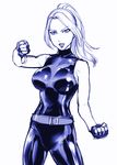  belt bodysuit breasts commentary_request fingerless_gloves gloves large_breasts monochrome ponytail sarah_bryant solo standing thumbs_down ueyama_michirou virtua_fighter 