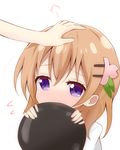  bangs blush covering_face gochuumon_wa_usagi_desu_ka? hair_ornament hairclip hand_on_another's_head hoto_cocoa nagomi_yayado orange_hair out_of_frame patting petting plate purple_eyes short_hair simple_background solo_focus upper_body white_background 