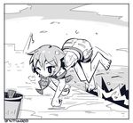  animal artist_name barefoot bucket cloud crane fish fishing greyscale kantai_collection monochrome mouth_hold necktie no_shoes one_eye_closed school_uniform serafuku short_hair shorts shuuzen_(shu-zen) sky solo tama_(kantai_collection) twitter_username water wet wet_clothes 