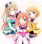  ;d ^_^ aqua_dress aqua_eyes bangs blunt_bangs brown_hair closed_eyes dress earrings flower gloves hair_flower hair_ornament hair_ribbon hairpin hands_together heart jewelry kira-kira_sensation! koizumi_hanayo kokabu kousaka_honoka light_brown_hair long_hair looking_at_viewer love_live! love_live!_school_idol_project minami_kotori multiple_girls one_eye_closed one_side_up open_mouth orange_hair pink_dress printemps_(love_live!) purple_eyes ribbon short_hair smile thighhighs white_gloves white_legwear yellow_dress 