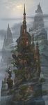  cloud dragon highres mountain no_humans original scenery spire stairs tree uchio_kazumasa 