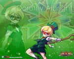  akaga_hirotaka androgynous arcana_heart arcana_heart_3 blonde_hair blue_eyes bow cane character_name copyright_name dorothy_albright gloves green_background halftone halftone_background hat mask official_art reverse_trap short_hair socks top_hat wallpaper white_gloves 