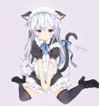  alternate_costume animal_ears apron arms_between_legs black_legwear blue_eyes blush cat_ears cat_paws cat_tail enmaided frills hibiki_(kantai_collection) high_heels kantai_collection kemonomimi_mode long_hair looking_at_viewer maid maid_apron maid_headdress mary_janes paws ribbon sakura_honoka_(srhk0623) shoes silver_hair simple_background sitting skirt solo tail tail_ribbon wariza 