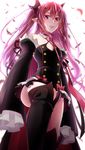  absurdres artist_request black_footwear boots breasts cleavage dress hair_between_eyes highres knee_boots krul_tepes long_hair looking_at_viewer md5_mismatch open_mouth owari_no_seraph pink_hair pointy_ears simple_background small_breasts solo thighhighs two_side_up white_background 
