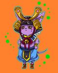  artist_name baggy_pants beerus bell child dragon_ball dragon_ball_z earrings egyptian_clothes hands_on_hips helmet japanese_armor jewelry kabuto no_humans orange_background pants purple_eyes raku220p signature wrist_cuffs younger 