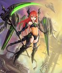  :d bangs bare_shoulders cloud covered_navel floating full_body gauntlets green_eyes highres holding holding_weapon horns kai_(ootamuno12) long_hair looking_at_viewer mecha_musume mechanical_tail midriff open_mouth original outstretched_arms red_hair science_fiction scythe see-through smile solo_focus space_craft striker_unit tail v-shaped_eyebrows weapon 