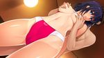  1girl arms_behind_back black_hair blue_eyes blush breast_grab breasts buruma cameltoe ceiling dutch_angle enkou_shoujo game_cg grabbing grabbing_from_behind hetero indoors kawaragi_yuuki koizumi_amane lamp large_breasts navel nipples one-piece_tan short_hair sports_bra standing sweat tan tanline wall 