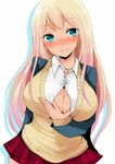  alessandra_susu blue_eyes blush breasts choker cleavage eyebrows_visible_through_hair gradient_hair han_(jackpot) large_breasts long_hair looking_at_viewer multicolored_hair paizuri_invitation parted_lips pink_hair pleated_skirt school_uniform skirt solo sweater_vest tokyo_7th_sisters 