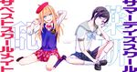  :d beret black_hair blonde_hair blue_eyes blue_legwear chin_rest cosplay crossdressing hat idolmaster idolmaster_(classic) idolmaster_2 kneehighs long_hair midare_toushirou multiple_boys open_mouth otoko_no_ko plaid plaid_skirt purple_eyes school_uniform serafuku sitting skirt smile summer_days_school_(idolmaster) sweater_vest the_best_schoolmate_(idolmaster) touken_ranbu translated vest white_legwear yagen_toushirou yuyu_(yuyurhythm) 