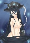  bad_id bad_pixiv_id black_hair blue_background blue_eyes breasts cangtu collarbone glowing glowing_eyes hair_between_eyes hair_censor hair_over_breasts hat highres kantai_collection large_breasts light_rays long_hair looking_at_viewer nude shinkaisei-kan smile so-class_submarine solo upper_body 
