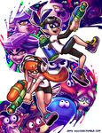  6+boys anemo_(splatoon) aori_(splatoon) bike_shorts blue_eyes blue_hair bukichi_(splatoon) commander_atarime daunii_(splatoon) domino_mask echizen_(splatoon) everyone full_body goggles goggles_on_head hat headphones hotaru_(splatoon) ink_tank_(splatoon) inkling jajji-kun_(splatoon) jitome kaigetsudo kumano_(splatoon) mask monster_boy multiple_boys multiple_girls octarian octoling orange_eyes orange_hair peaked_cap pointy_ears rob_(splatoon) running shirt shoes sneakers splatoon_(series) splatoon_1 splattershot_(splatoon) squid super_soaker t-shirt takozonesu 