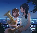  bare_arms bare_shoulders black_hair brown_eyes brown_hair closed_eyes dress euphonium hibike!_euphonium huanxiang_heitu instrument kousaka_reina multiple_girls night oumae_kumiko revision shirt shorts sitting sleeveless sleeveless_dress smile trumpet white_dress 