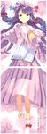  blush book bow capelet crease crescent dress frills full_body hair_bow hair_ornament hat highres long_hair long_sleeves looking_at_viewer mob_cap non-web_source open_book parted_lips patchouli_knowledge purple_hair scan scan_artifacts solo striped text_focus touhou ueda_ryou vest wide_sleeves 