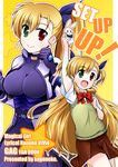  blonde_hair bunny dual_persona gloves heterochromia kuromitu_(kageneko) long_hair lyrical_nanoha mahou_shoujo_lyrical_nanoha_vivid multiple_girls ponytail sacred_heart school_uniform st._hilde_academy_of_magic_uniform twintails vivio 