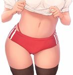  ass_visible_through_thighs breasts brown_legwear buruma close-up gym_uniform highres imizu_(nitro_unknown) lifted_by_self md5_mismatch medium_breasts navel original panties red_panties revision shirt_lift simple_background solo stomach thighhighs thong underwear white_background 