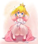  blue_eyes crown dress earring gradient gradient_background lipstick looking_at_viewer makeup mario_(series) princess_peach pussy squat squatting super_mario_bros. uncensored upskirt 