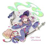  broom broom_riding hair_over_one_eye hat little_witch_academia long_hair open_mouth pale_skin petals poison potion purple_hair sigumado66 skull solo sucy_manbavaran witch witch_hat 