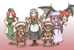  :d alternate_eye_color apron bags_under_eyes bat_wings blonde_hair blue_dress blue_hair blush blush_stickers book braid chair chamaji china_dress chinese_clothes crossed_arms cup demon_girl demon_wings dress fang fangs flandre_scarlet hands_on_own_face hat hat_ribbon head_wings highres hong_meiling izayoi_sakuya koakuma long_hair long_sleeves maid maid_headdress mob_cap multiple_girls open_mouth pants patchouli_knowledge pink_dress puffy_short_sleeves puffy_sleeves purple_eyes purple_hair red_dress red_eyes red_hair red_sclera remilia_scarlet ribbon scarf shirt shoes short_sleeves siblings side_ponytail silver_hair sisters sitting smile socks striped striped_dress teacup teapot touhou tray twin_braids waist_apron wings 