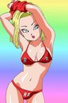  android_18 armpits arms_up artist_request bikini blonde_hair blue_eyes cowboy_shot dragon_ball dragon_ball_z earrings gradient gradient_background jewelry jpeg_artifacts navel open_mouth rainbow_background solo source_request swimsuit 