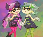  :d aori_(splatoon) cousins detached_collar domino_mask dress earrings fangs food food_on_head gloves green_hair green_legwear holding_hands hotaru_(splatoon) jewelry long_hair mask mole mole_under_eye multiple_girls object_on_head okiza_yuuri open_mouth pantyhose pointy_ears purple_legwear short_hair short_jumpsuit smile splatoon_(series) splatoon_1 strapless strapless_dress sushi unitard white_gloves 