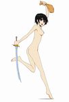  1girl ass bare_shoulders barefoot black_hair breasts nude open_mouth purple_eyes rutee_katrea sack short_hair simple_background sword tales_of_(series) tales_of_destiny weapon 