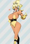  android blonde_hair blue_eyes breasts buckle come_hither commentary_request dark_skin heart high_ponytail huge_breasts leotard long_hair martial_(robopon) name_john ponytail robot_ponkottsu solo yellow_leotard 
