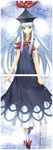 blue_dress blue_hair blush bow bowtie crease dress full_body hat hat_bow highres kamishirasawa_keine long_hair looking_at_viewer non-web_source puffy_sleeves red_eyes scan scan_artifacts shoes short_sleeves smile socks solo text_focus touhou ueda_ryou very_long_hair white_legwear 