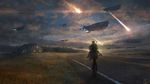  backpack bag bat battle blue_sky cloud farm flying grass hat highway house mecha meteor meteor_shower original realistic riding road robot scenery science_fiction signature sky space_craft tree you_shimizu 