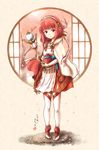  bangs blush cape cherry_blossoms commentary_request fire_emblem fire_emblem_if hairband petals pink_hair red-50869 red_eyes sakura_(fire_emblem_if) shoes short_hair sidelocks skirt smile solo staff thighhighs thighs zettai_ryouiki 