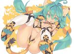  ahoge animal_ears animal_print blade_(galaxist) blush breasts cameltoe cat_ears cat_tail cham_cham fang gloves green_eyes green_hair long_hair looking_at_viewer navel open_mouth paw_gloves paw_pose paw_shoes paws samurai_spirits shoes simple_background small_breasts snk solo tail thighhighs tiger_print white_background white_legwear 
