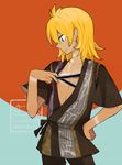  blonde_hair hair_down hand_on_hip l_hakase lowres male_focus solo tan tanline touken_ranbu urashima_kotetsu 